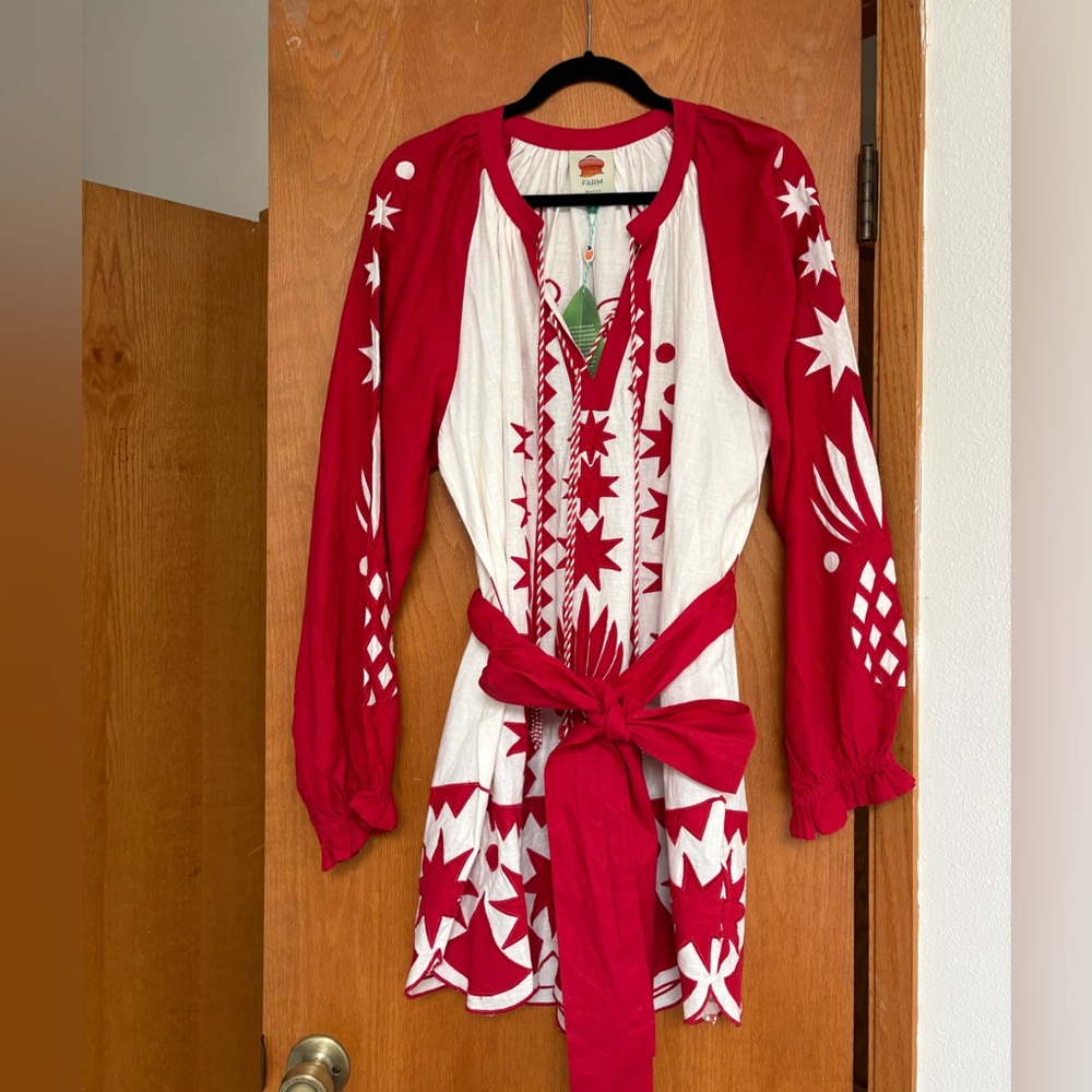 NWT Farm Rio Red white cut work minidress with optional sash Medium